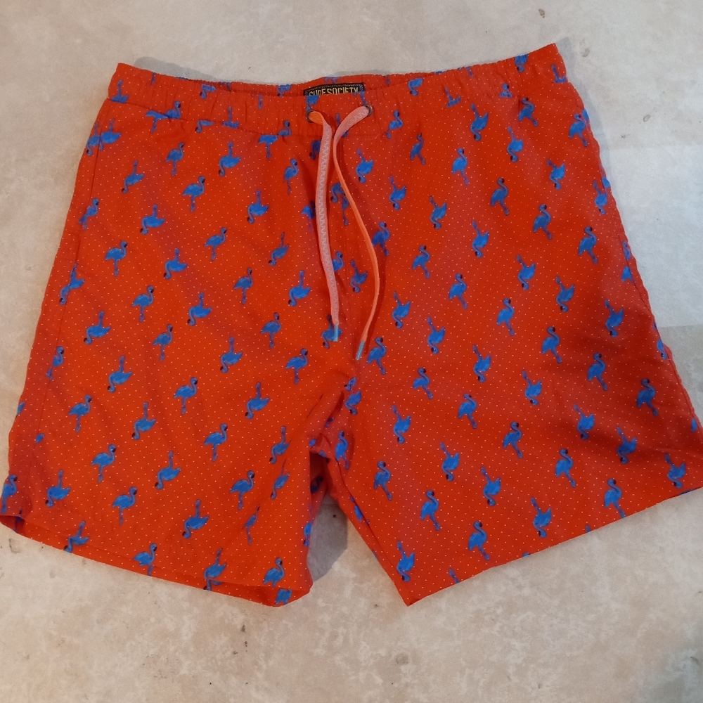 Men's extra large surf society swimwear orange with blue flamingos new